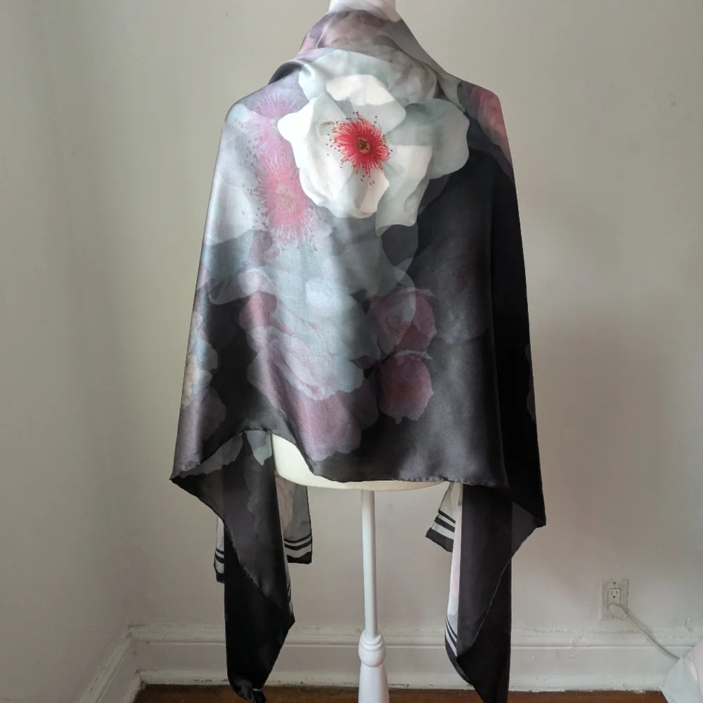 Ted Baker Silk Extra Large Botanical Floral Scarf Gray Pink